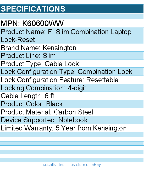 Kensington K60600WW F, Slim Combination Laptop Lock-Reset - Cable Lock
