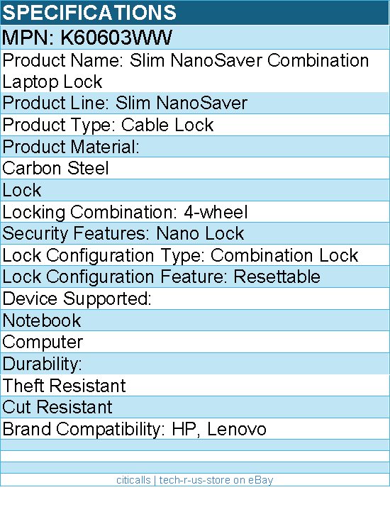 Kensington K60603WW Slim NanoSaver Combination Laptop Lock - Cable Lock
