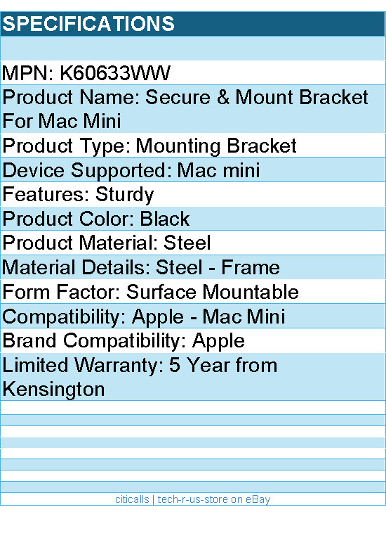 Kensington K60633WW Mounting Bracket for Mac mini - Black
