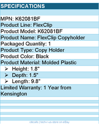 Kensington K62081BF FlexClip Copyholder - 1.8" Height x 1.5" Depth - Black