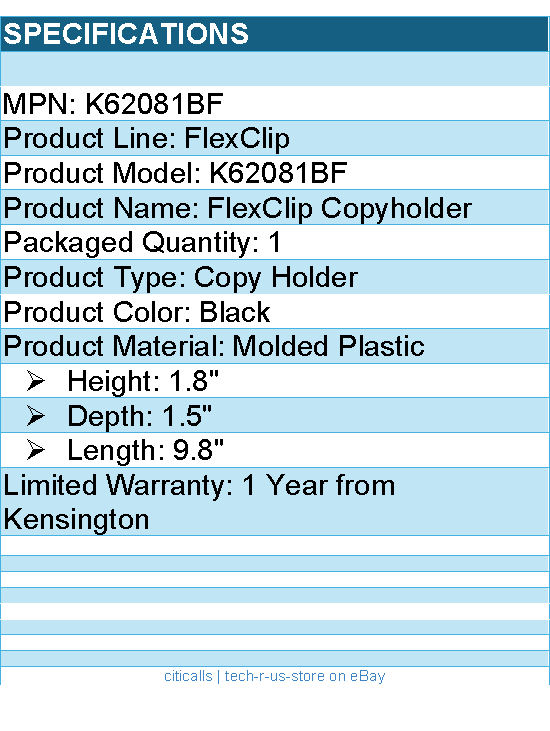 Kensington K62081BF FlexClip Copyholder - 1.8" Height x 1.5" Depth - Black