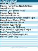 Kensington K62146NA SmartSockets Surge Strip, 370 Joules, 6 ft - Gray
