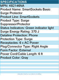 Kensington K62146NA SmartSockets Surge Strip, 370 Joules, 6 ft - Gray