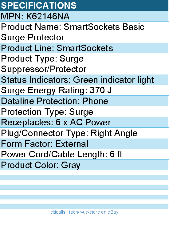Kensington K62146NA SmartSockets Surge Strip, 370 Joules, 6 ft - Gray