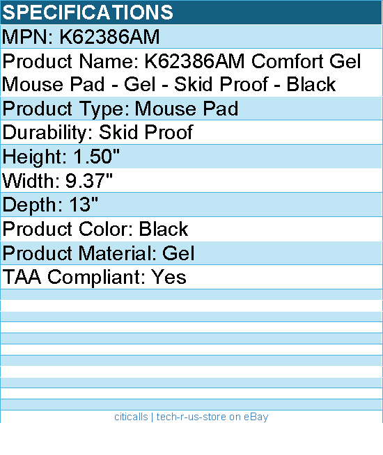 Kensington K62386AM Comfort Gel Mouse Pad - Gel - Skid Proof - Black