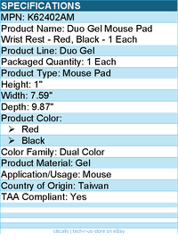 Kensington K62402AM Duo Gel Mouse Pad Wrist Rest - Red, Black - 1 Each
