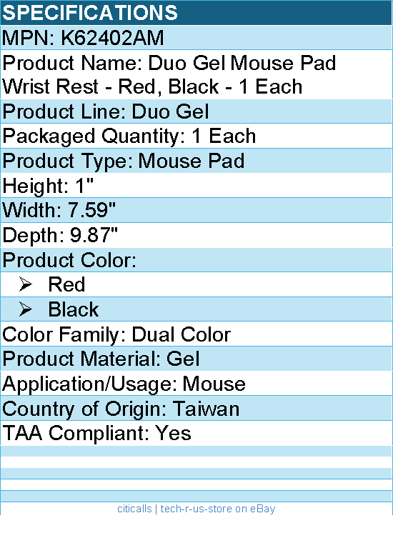 Kensington K62402AM Duo Gel Mouse Pad Wrist Rest - Red, Black - 1 Each