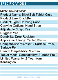 Kensington K62539WW BlackBelt Rugged Case w/ CAC Reader for Surface Pro 9 Tablet