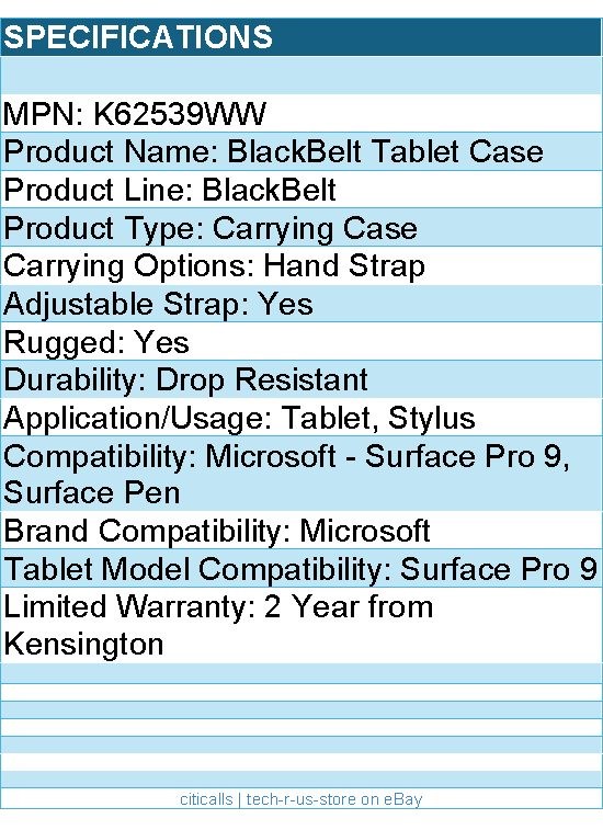 Kensington K62539WW BlackBelt Rugged Case w/ CAC Reader for Surface Pro 9 Tablet