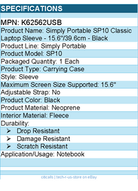 Kensington K62562USB  SP10 Carrying Case (Sleeve) for 15.6" Notebook