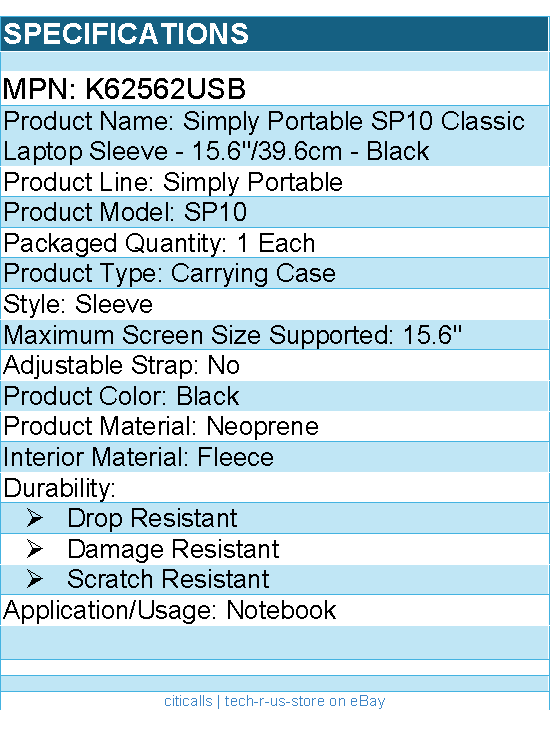 Kensington K62562USB  SP10 Carrying Case (Sleeve) for 15.6" Notebook