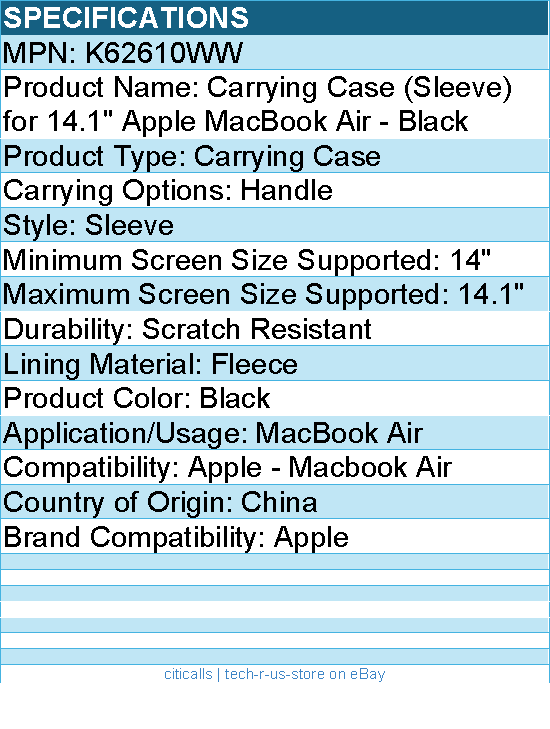 Kensington K62610WW Carrying Case (Sleeve) for 14.1" Apple MacBook Air - Black
