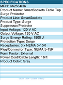 Kensington K62634NA SmartSockets Table Top Surge Protector - 6 x NEMA 5-15R