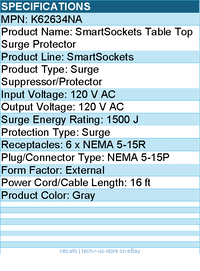 Kensington K62634NA SmartSockets Table Top Surge Protector - 6 x NEMA 5-15R