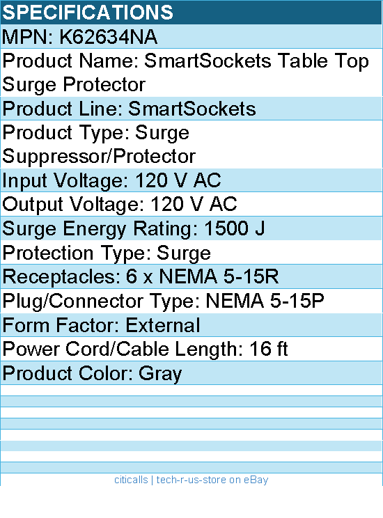 Kensington K62634NA SmartSockets Table Top Surge Protector - 6 x NEMA 5-15R