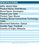 Kensington K64327WW Orbit Mouse - Optical - Cable - Trackball