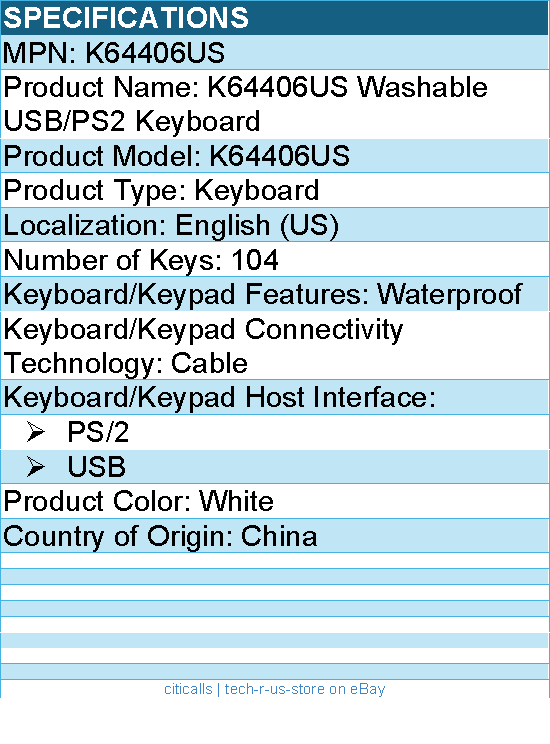 Kensington K64406US Washable USB/PS2 Keyboard - USB, PS/2 - 104 Keys
