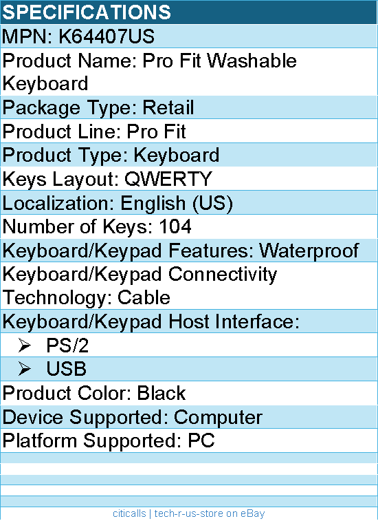 Kensington K64407US Pro Fit Washable Keyboard - PS/2, USB - 104 Keys - Black