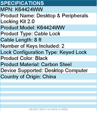 Kensington K64424WW Desktop & Peripherals Locking Kit 2.0 - 8 ft Cable