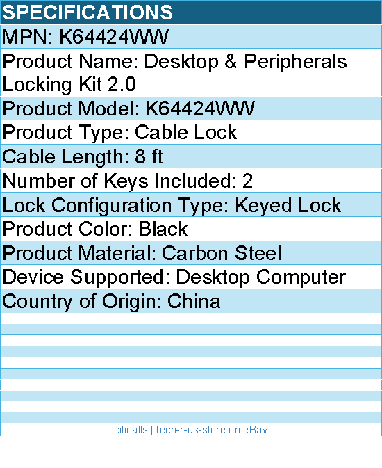 Kensington K64424WW Desktop & Peripherals Locking Kit 2.0 - 8 ft Cable