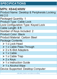 Kensington K64424WW Desktop & Peripherals Locking Kit 2.0 - Cable Lock