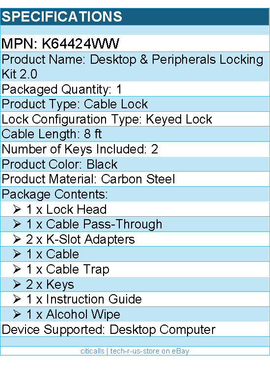 Kensington K64424WW Desktop & Peripherals Locking Kit 2.0 - Cable Lock