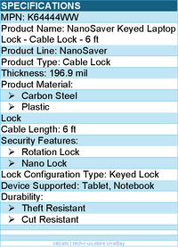 Kensington K64444WW NanoSaver Keyed Laptop Lock - Cable Lock - 6 ft