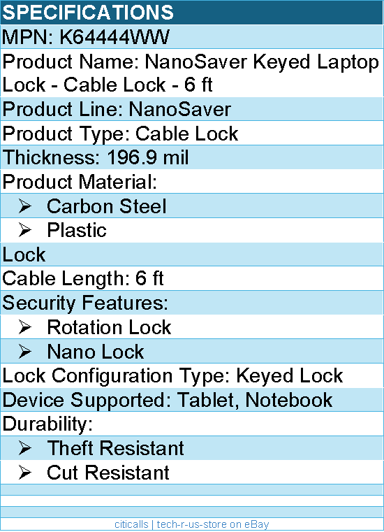 Kensington K64444WW NanoSaver Keyed Laptop Lock - Cable Lock - 6 ft