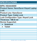 Kensington K64444WW NanoSaver Keyed Laptop Lock - For Notebook, Tablet