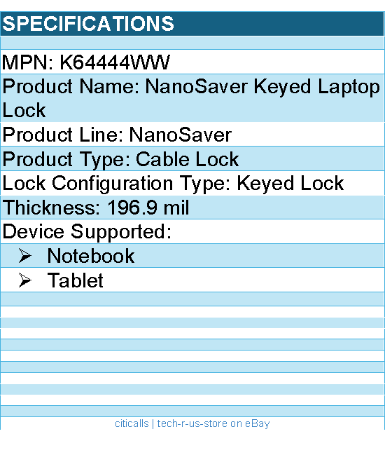 Kensington K64444WW NanoSaver Keyed Laptop Lock - For Notebook, Tablet