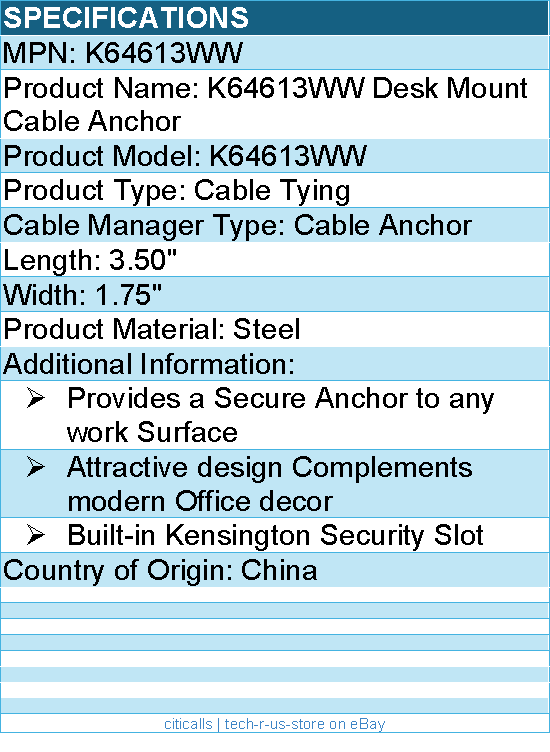 Kensington K64613WW Desk Mount Cable Anchor - Cable Tying - 3.50" Length