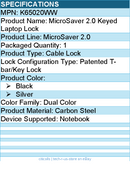 Kensington K65020WW MicroSaver 2.0 Keyed Laptop Lock - Patented T-bar/Key Lock