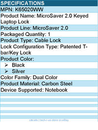 Kensington K65020WW MicroSaver 2.0 Keyed Laptop Lock - Patented T-bar/Key Lock