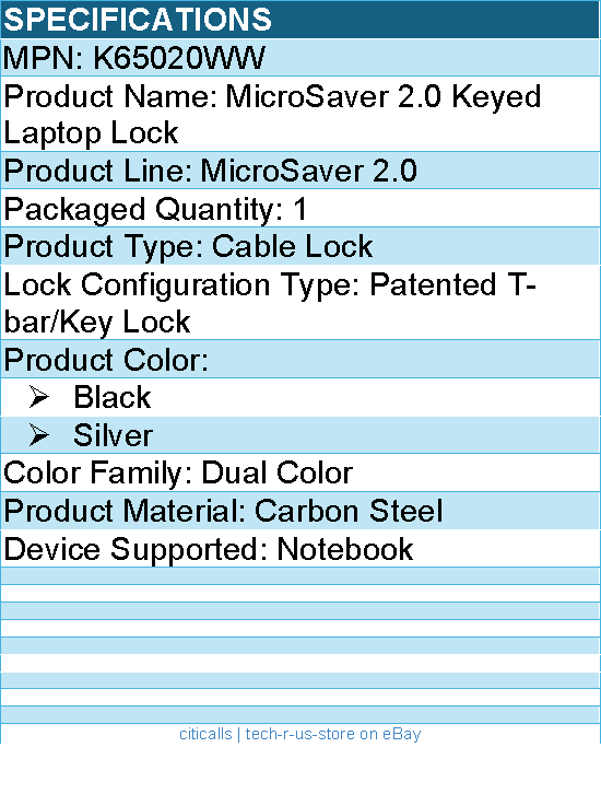 Kensington K65020WW MicroSaver 2.0 Keyed Laptop Lock - Patented T-bar/Key Lock