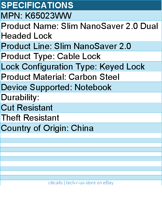 Kensington K65023WW Slim NanoSaver 2.0 Dual Headed Lock - Cable Lock
