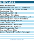 Kensington K65094WW Slim N17 2.0 Combination Laptop Lock for Wedge-Shaped Slots