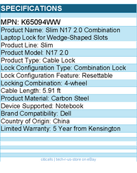 Kensington K65094WW Slim N17 2.0 Combination Laptop Lock for Wedge-Shaped Slots