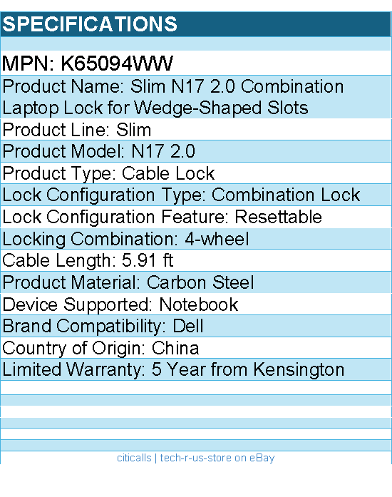 Kensington K65094WW Slim N17 2.0 Combination Laptop Lock for Wedge-Shaped Slots