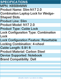 Kensington K65094WW Slim N17 2.0 Combination Laptop Lock - Cable Lock