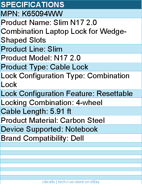 Kensington K65094WW Slim N17 2.0 Combination Laptop Lock - Cable Lock