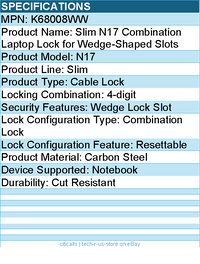 Kensington K68008WW Slim N17 Combination Laptop Lock for Wedge-Shaped Slots