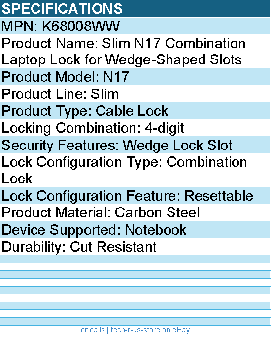 Kensington K68008WW Slim N17 Combination Laptop Lock for Wedge-Shaped Slots