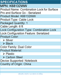 Kensington K68132WW Combination Lock for Surface Pro and Surface Go - Serialized