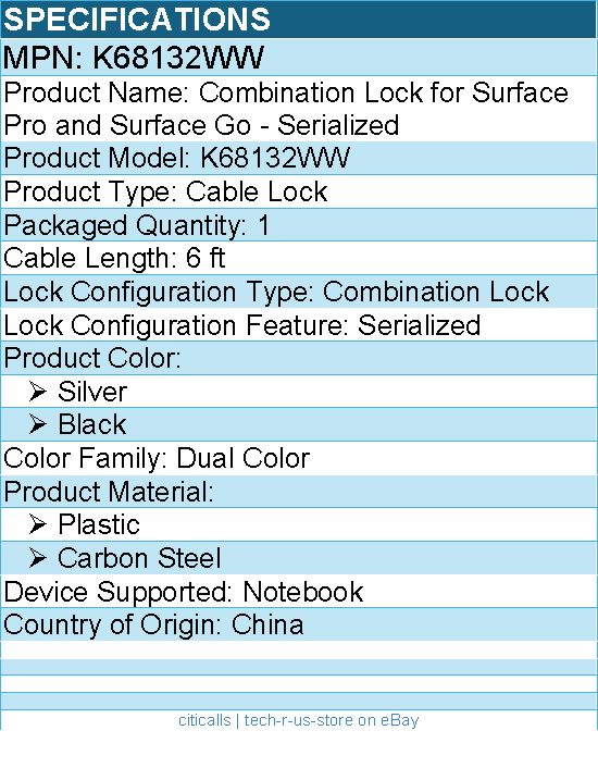 Kensington K68132WW Combination Lock for Surface Pro and Surface Go - Serialized