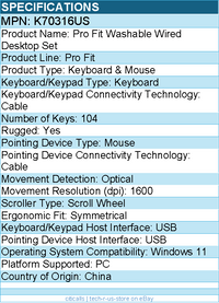 Kensington K70316US Pro Fit Washable Wired Desktop - Keyboard & Mouse