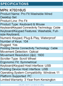 Product specifications table for a Pro Fit washable wired desktop set with keyboard and mouse.