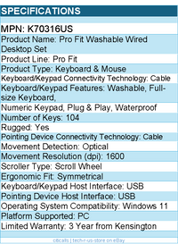 Product specifications table for a Pro Fit washable wired desktop set with keyboard and mouse.