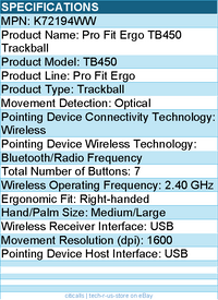 KensingtonK72194WW Pro Fit Ergo TB450 Trackball - Optical - Wireless - Bluetooth
