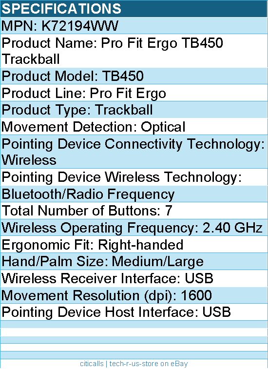 KensingtonK72194WW Pro Fit Ergo TB450 Trackball - Optical - Wireless - Bluetooth