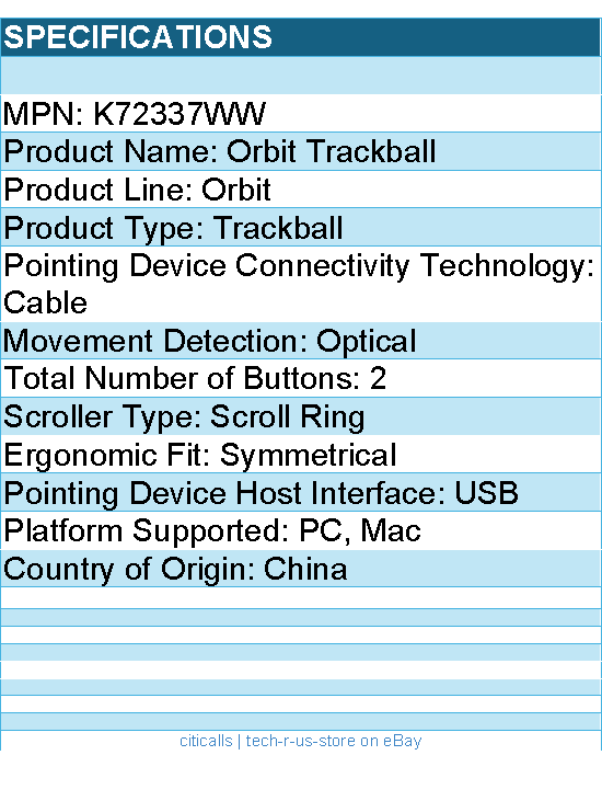 Kensington K72337WW Orbit Trackball - Optical - Cable - USB - Scroll Ring